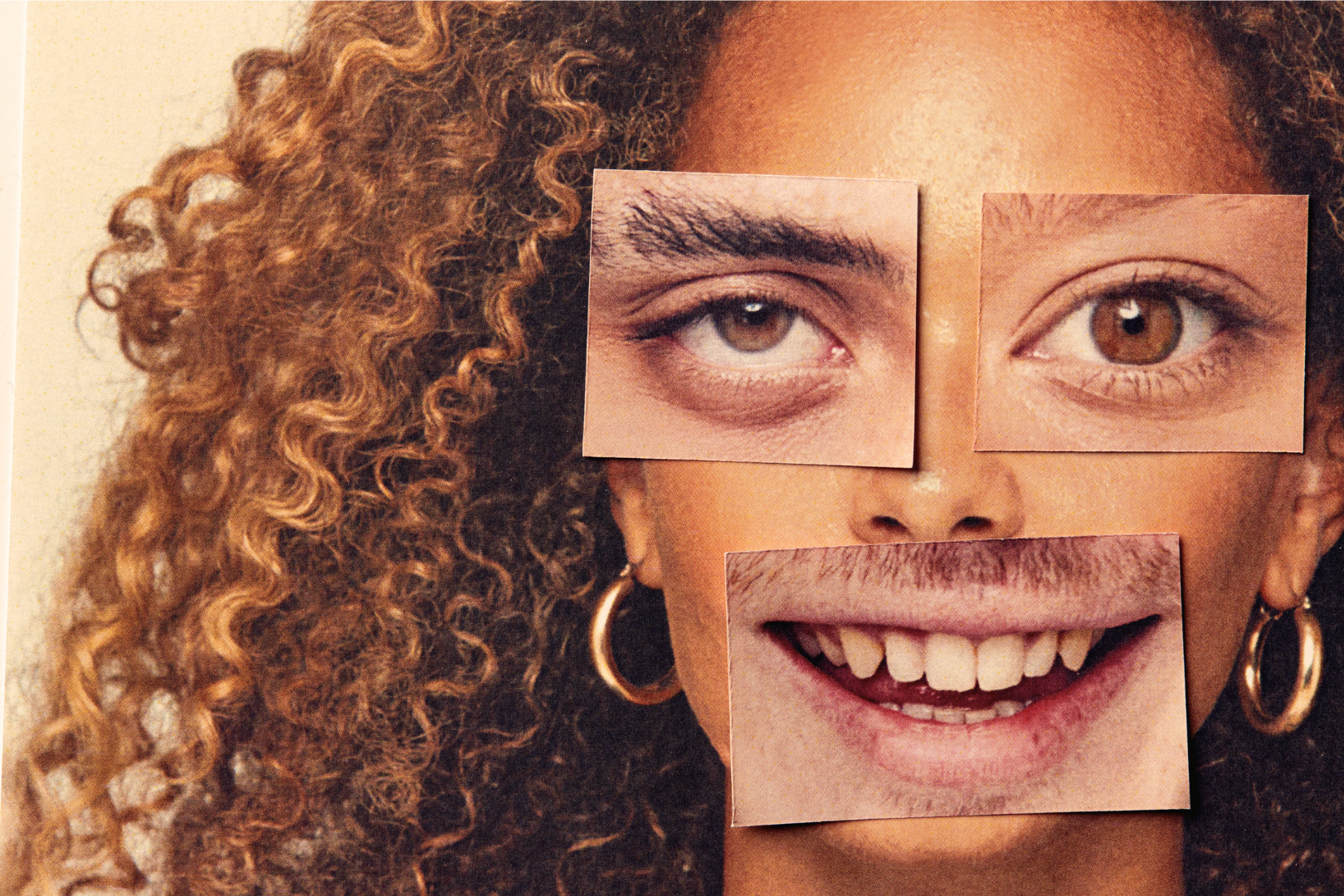 Close‑up image of a woman’s face with magazine cut‑out eyes and a male mouth placed over her own, illustrating identity constructed from external expectations