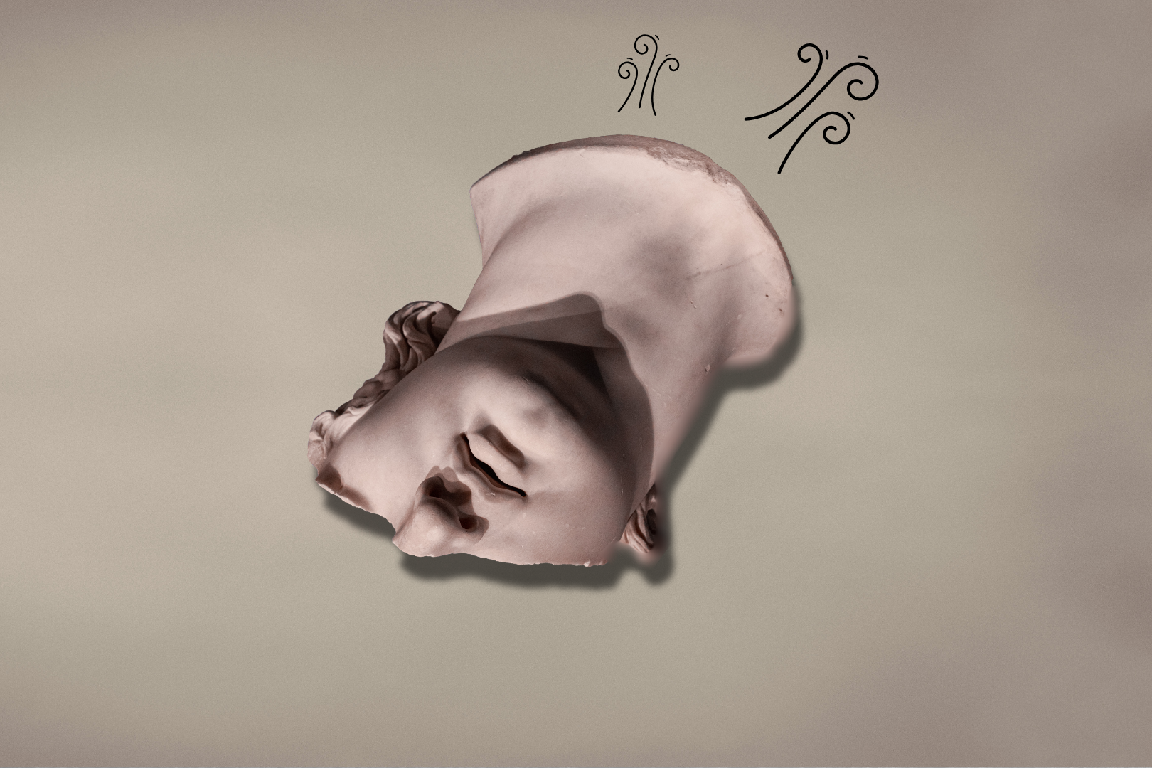 Broken statue head falling through a cloudy, fog‑filled white sky.